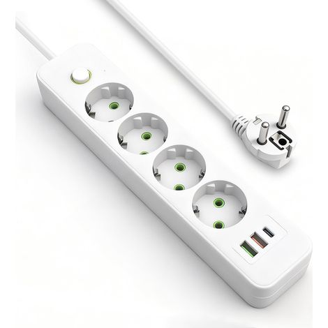 Multiprise 4 prises avec USB, multiprise 7 en 1 avec 2 USB-A et 1 USB-C, multiprise avec câble d'extension de 1,8 m, montage mural, 2500 W, 10 A, 2500 V, blanc (1/5)