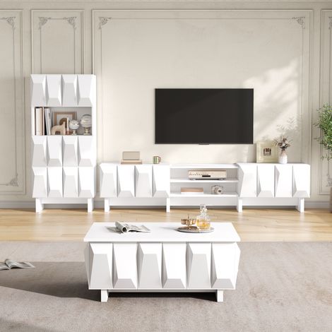 Conjunto de muebles de salón con mueble tv 180cm vitrina y mesa de centro diseño geométrico 3d moderno en madera blanco (1/5)