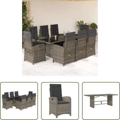 vidaXL Gartenessgruppe - 9-tlg. Garten-Essgruppe mit Kissen Grau Poly Rattan (1/5)