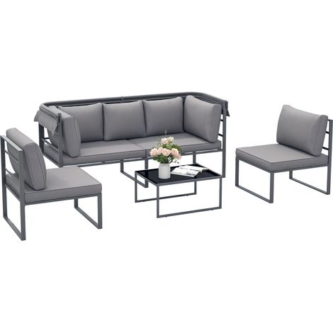 Modulares 4-teiliges Gartenmöbelset mit Sofa, Sessel und Couchtisch aus gehärtetem Glas, inklusive Kissen, grau