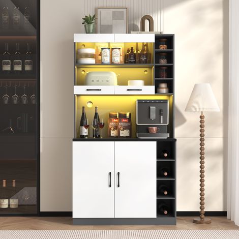 Aparador de cocina alto MDF blanco y gris 100 x 47 x 187 cm, con LED, vidrio reforzado, hueco para microondas y estantes ajustables (1/5)