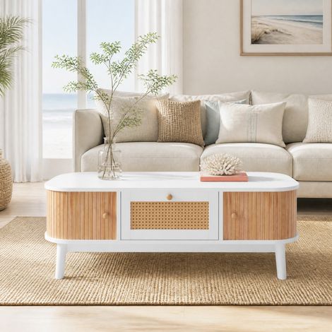 Mesa de centro 110 x 55 x 38,5 cm de MDF blanco con almacenaje para salón, estilo natural FloraGrace (1/5)