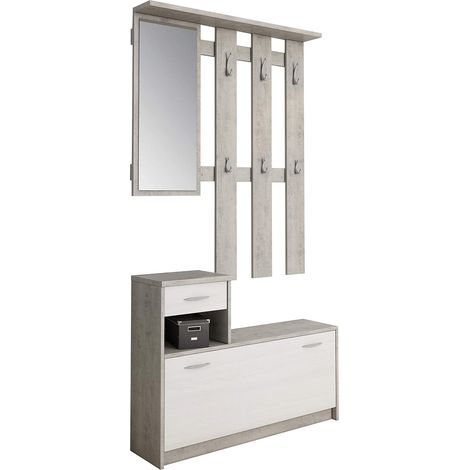 Mobile Ingresso con Specchio e Scarpiera Cemento Larice Bianco (1/4)
