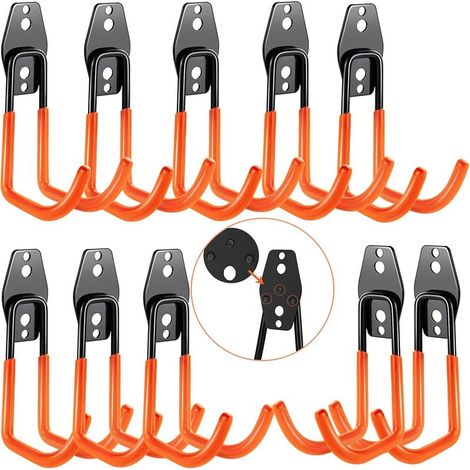 (Orange) Crochets muraux de garage 10 pièces, rangement de garage, crochets muraux en acier avec 3 soudures au lieu de 2 plus solides pour échelles, vélos, tuyaux, outils électriques (1/5)