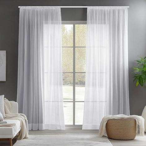 o Lot de 2 Rideaux Voilage Translucide Rideau Balcon Salon Fenêtre Galon Fronceur Cuisine Maison Chambre Fille 140x145cm Blanc (1/5)