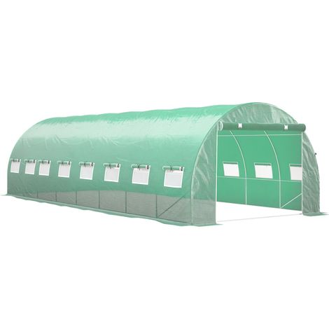 Serre de jardin tunnel 24m² 8L x 3l x 2H m - 16 fenêtres, Porte zippée enroulable acier galvanisé, bâche PE, Vert