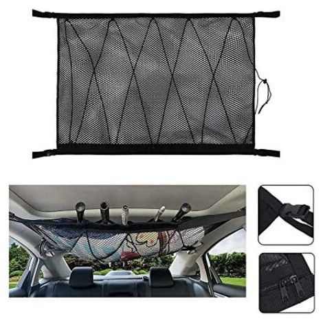 Filet de Rangement pour Toit de Voituret, Multifonctionnel Organisateur avec Fermeture Éclair, Universel Voiture Bagages Sac pour Quatre Accoudoirs de Toit pour SUV, Van (Cordon de Serrage) (1/5)