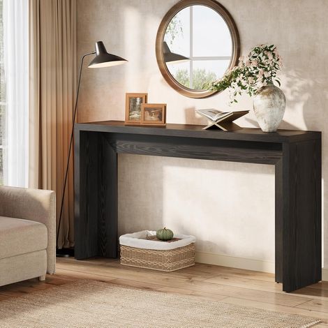 Tribesigns Farmhouse - Table console de 140 cm - Avec espace de rangement - Marron rustique - En bois - Pour entrée, foyer, couloir, salon - Montage facile - Noir (1/5)