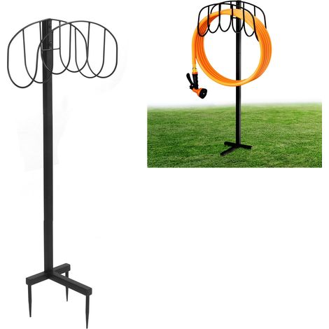 Soporte independiente y desmontable para mangueras de jardín, fabricado en metal resistente con 3 puntos de fijación para guardar las mangueras. (1/5)