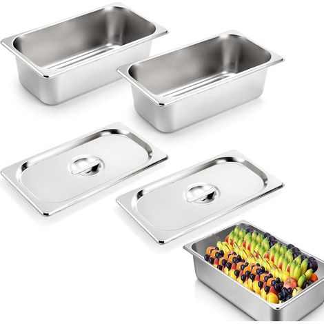 Lot de 2 récipients en acier inoxydable 1/3 avec couvercle, Bac inox Récipients de conservation au chaud, bac inox alimentaire en inoxydable, résistant à la chaleur, 32,5 x 17,5 x 6,5 cm (1/5)