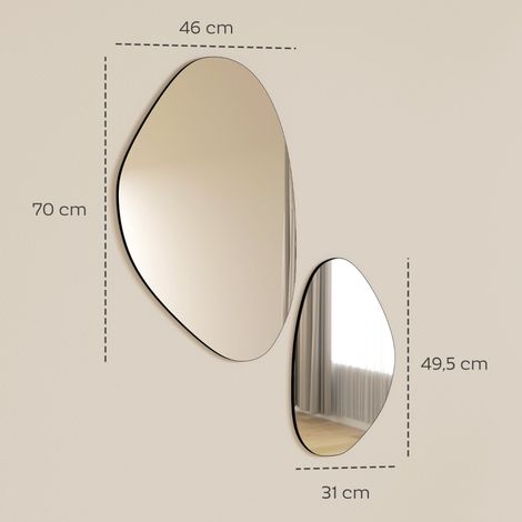 Lot de 2 miroirs muraux noirs, 70x46 cm et 49,5x31 cm, miroir décoratif en forme de galet, cadre métallique, suspension verticale ou horizontale (1/5)