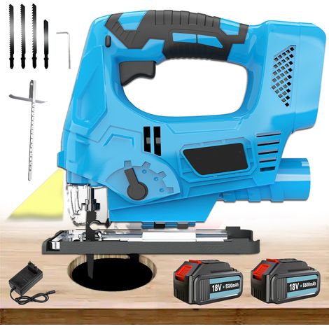 Scies sauteuses, scie sauteuse sans fil, scie sauteuse à bois, métal et plastique à 4 vitesses, 4 lames, lampe de travail à LED, ± 45 °, 2 batteries 5,5 A+chargeur , compatible avec la batterie Makita (1/5)