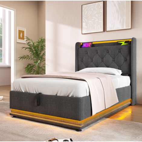 lit adulte couchage rangement LED 90x200 lin gris OKMYHOME (1/5)