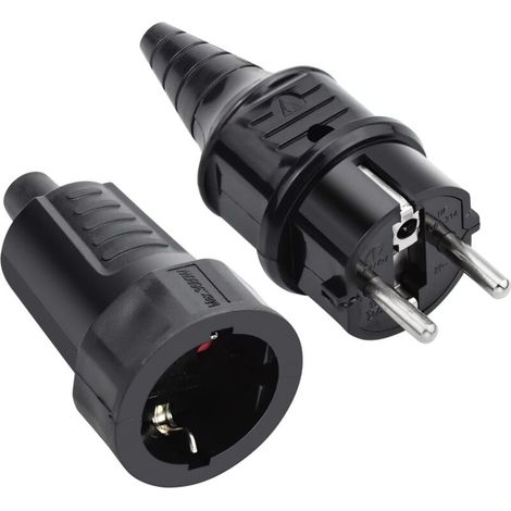 Kit Fiche Mâle & Prise Fem en Caoutchouc, 250V 16A, IP44, Noir