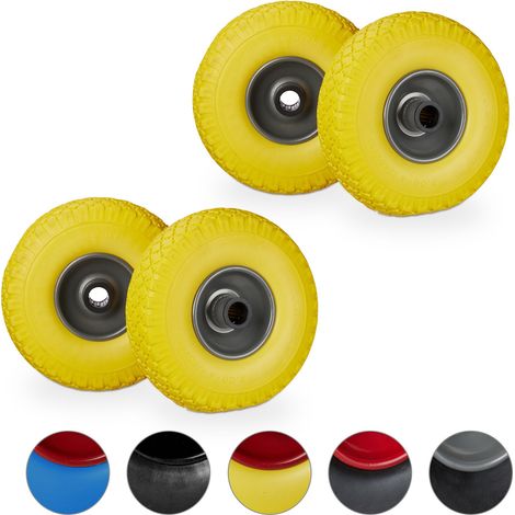 Set of 4 Relaxdays Hand Truck Spare Tyres, Flatproof, 3.00-4 Solid Rubber Wheel, 25mm Axle, 100kg, Yellow/Grey