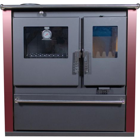 Cuisinière à bois 7,7 kW – Plaque métal – Panneaux bordeaux – Sortie fumée gauche – Volume chauffable 100-120 m³ – Rendement 82,2% – Verso (1/5)