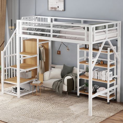 Lit mezzanine - lit 90x200 cm - lit enfant - barrière de sécurité, armoire-échelle d'angle avec tringle - en métal blanc - sans matelas (1/5)
