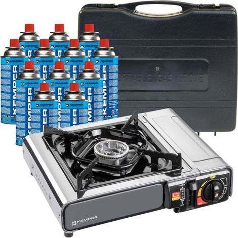 Réchaud à gaz 2200W Inox + 12 Cartouches gaz Camping Allumage piezo Système Sécurité KEMPER