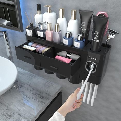 Porte Brosse à Dents Mural avec Distributeur de Dentifrice – Support Brosse a Dent Electrique, Auto-adhésif sans Perçage, Tiroir (1/3)
