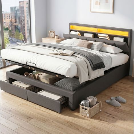 Letto imbottito 180x200 cm con illuminazione LED, contenitore sotto il letto, rete a doghe, lino grigio scuro (1/5)