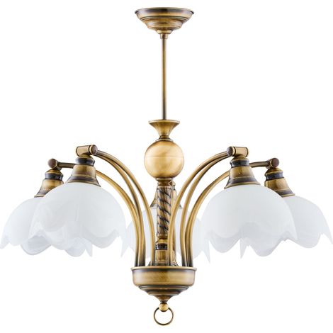 Lampadario retro ottone patinato 5xE27 vetro bianco Jupiter