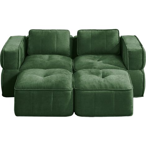 Canapé modulable 2 places vert avec deux poufs, assise profonde en tissu polyester et mousse haute densité 32D pour salon (1/5)