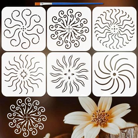 6Pcs Pochoirs Motif Mandala avec un Pinceau 15x15cm Pochoirs Peinture Mandala PET Modèle Thèmes Floral pour Peinture sur DIY Scrapbook Bois Carrelage Mur Décoration Maison (1/5)