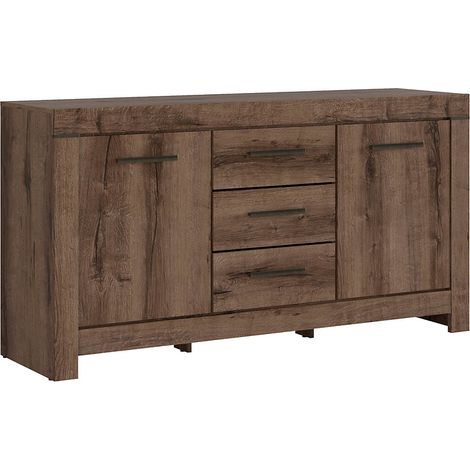 Commode Buffet à 2 portes et 3 tiroirs, coloris Chêne marron foncé - Longueur 160 x Profondeur 45 x Hauteur 85 cm (1/5)