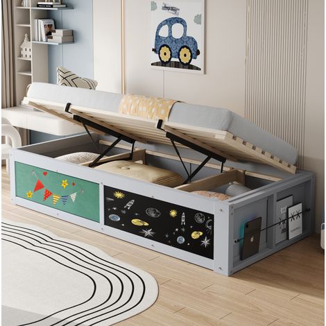 MEUBLIV Cama 90x200 cm gris – almacenamiento hidráulico y estantería lateral, sin colchón (1/5)