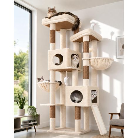 S72E Arbre à Chat Stable XXL Beige 180 cm pour Grand Chats Adulte (1/5)