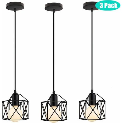 3x Suspension Lustre Abat-Jour Industriel Cage Cube Carré Eclairage de Plafond Noir pour Salon Salle à Manger Cuisine Restaurant BLOW (1/4)