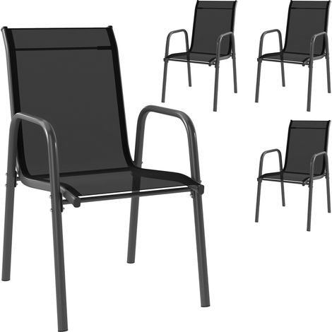 Set 4 Sedie Impilabili e Traspiranti 51x69x87 cm con Braccioli e Schienale Alto in Metallo e Poliestere Nero (1/5)