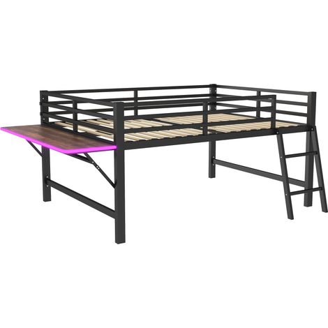 Lit plateforme 140x200 cm, métal, LED, bureau, échelle, garde-corps, noir (1/5)