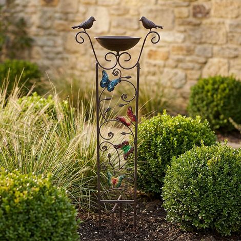 Abreuvoir pour oiseaux, bain d'oiseaux, jardin, papillon, marron, fer, base laquée, H 101,5 cm (1/4)