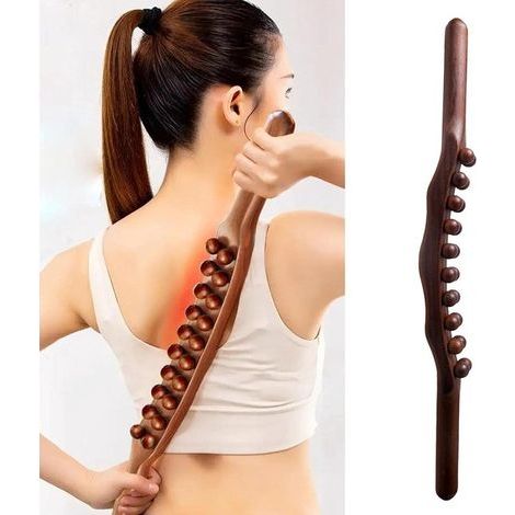 Appareil de massage pour le dos, la nuque, les épaules, le ventre, la taille, les bras et les jambes. Bâton de massage en bois (XL). 20 billes de massage. Outil de massage Gua Sha. 1 pièce. Bois brun. (1/5)