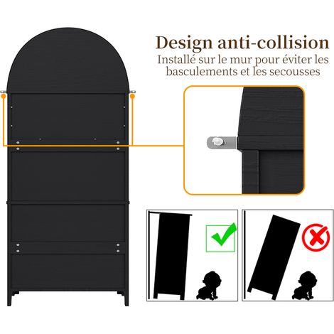 Armoire de rangement à arches élevées, avec des tiroirs et des portes. Portes de rangement à arches élevées, indépendantes, destinées à la cuisine et au salon. Étagères en bois noir, avec un espace d’ (1/5)