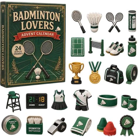 Badminton-Adventskalender 2026 – 24-teilig – grün, weiß, schwarz – Acryl – 6 cm flache Anhänger – Badminton-Design – Christbaumschmuck – geeignet für Weihnachtsfeiern und als Dekoration für die Wohnun (1/5)