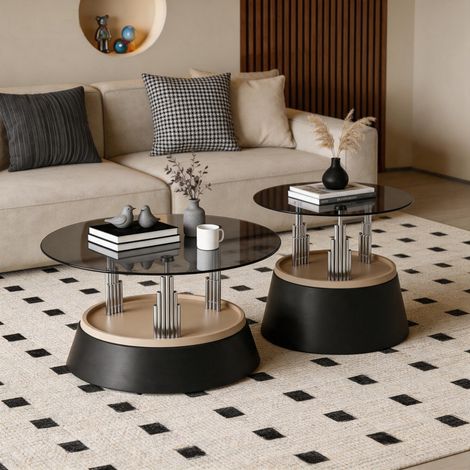 Set de 2 tables basses gigognes 70x60x48 cm en verre trempé noir, gain de place pour salon – MEUBLIV (1/5)