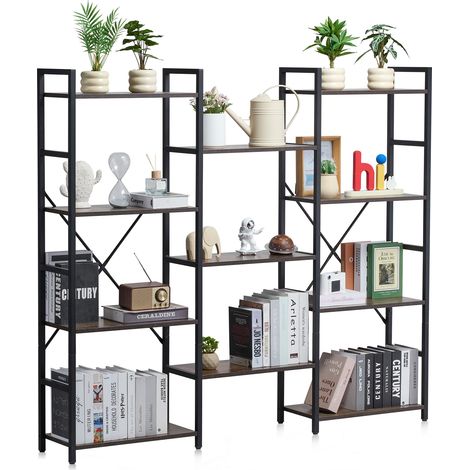 VEVOR Triple Metal Bookshelf, 11-Tier Industrial Bookshelf, Large Rustic Vintage Storage Bookcase with Open Shelves, Freestanding Display Shelving Unit Storage Rack, for Living room, Bedroom & Office (1/5)