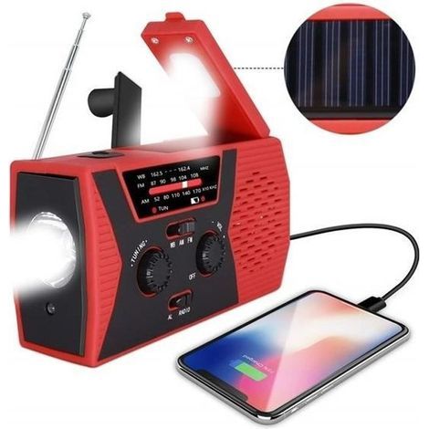 Emergency Solar Hand Crank Portable Radio + LED Flashlight + Reading Light + 2000mAh Power Bank (1/4)