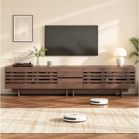 Mueble TV con 4 Puertas, 2 Cajones y 6 Huecos, Gestión de Cables, Estilo Retro para Salón, MDF, Nogal, 200 × 39.5 × 55 cm (1/5)