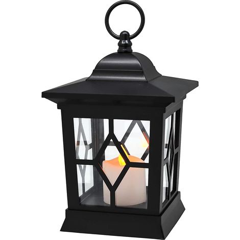 Lanterne suspendue LED sans flamme, lumière jaune vacillante, fonctionne sur piles, matériau plastique (noir)