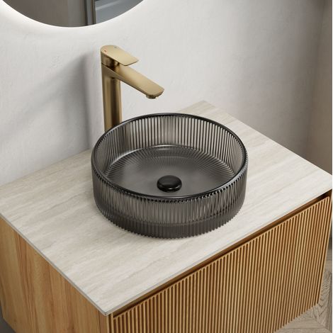 Lavabo sobre encimera redondo 36 cm de vidrio negro transparente sin orificio, OKWISH (1/5)