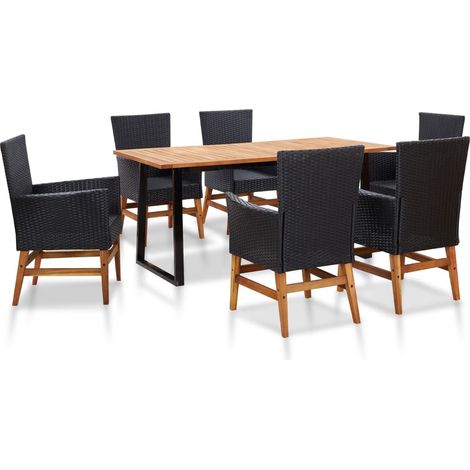 7-tlg. Garten-Essgruppe Poly Rattan und Akazienholz Schwarz (1/5)