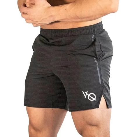 Short de sport homme avec poche, séchage rapide et respirant, fermeture à cordon de serrage, idéal pour la course et le fitness, noir avec étiquette blanche. (1/5)