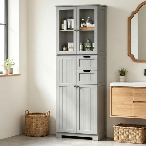 Armario alto de baño 60x30x170 cm de MDF gris con almacenaje moderno -FLORAGRACE (1/5)