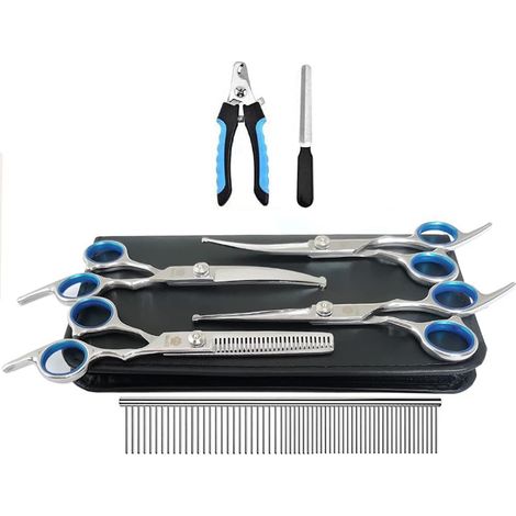Ciseaux De Toilettage Pour Chien - Acier Inoxydable - Pointe Ronde De Sécurité - Ensemble Complet Avec Ciseaux Courbes Adoucissantes Droits Peigne Et Coupe-Ongles - 1 Set (1/5)