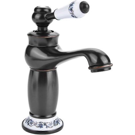 Robinet de lavabo rétro à poignée unique en laiton et céramique, en porcelaine bleue et blanche, col long, style floral vintage, avec arrivée d'eau chaude/froide. Cuisine B (1/5)