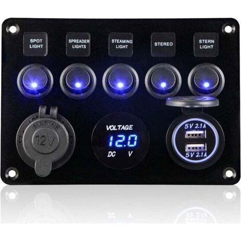 Panneau de commutation 5 gangs 12V/24V – Étanche IP65 – Chargeur double USB 5V 2,1A – Voltmètre numérique LED pour voiture et bateau-Crezuo
