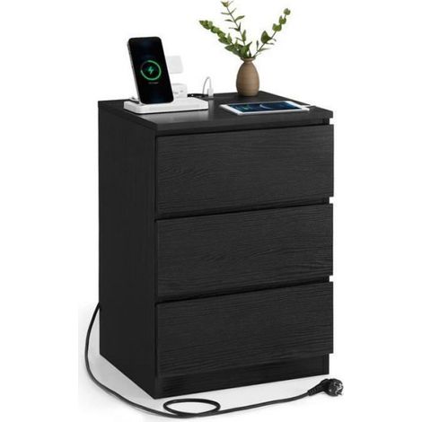 Table de Chevet avec Multiprise, Table d’Appoint avec 3 Tiroirs, 2 Prises CA, 2 Ports USB, pour Salon, Chambre, Bureau, Noir (1/5)